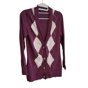 Banana Republic Argyle Cardigan Sweater Sz S Burgundy Angora Rabbit Preppy